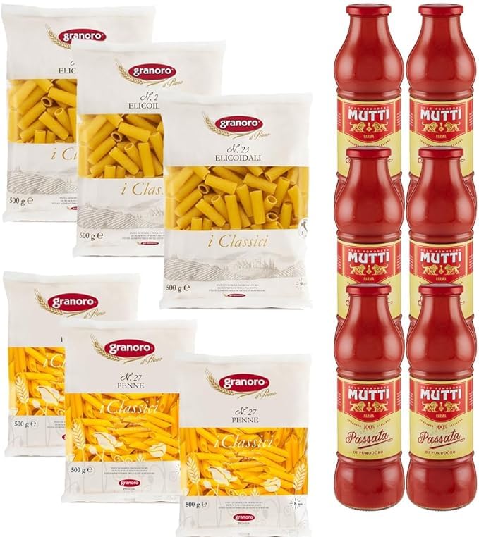 3 Pasta Penne + 3 Granoro Elicoidali (500g) + 6 Puré de Tomate Mutti (700g) | Caja 100% italiana
