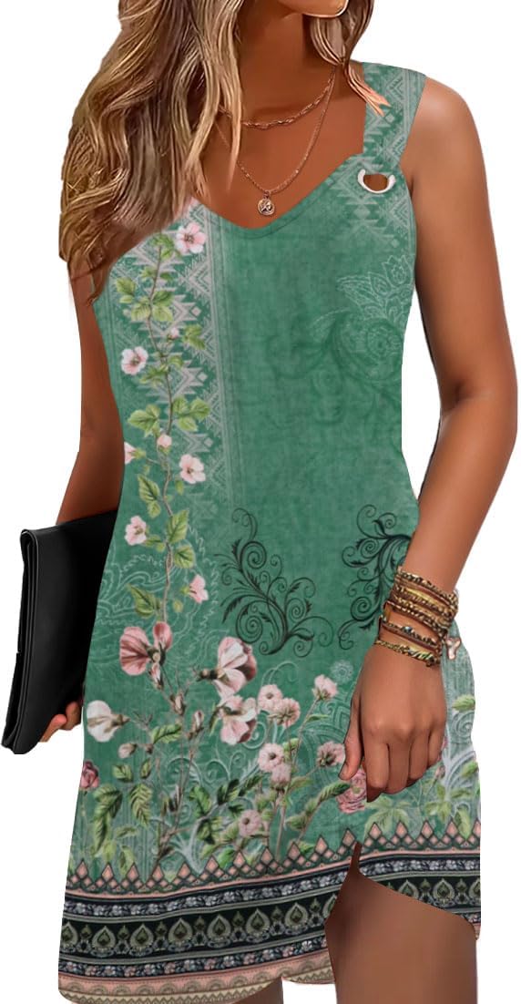 Vintage Floral Printed Summer A-Line Elegant Dresses Womens Beach Sundress Ladies Casual Boho Tank Dress