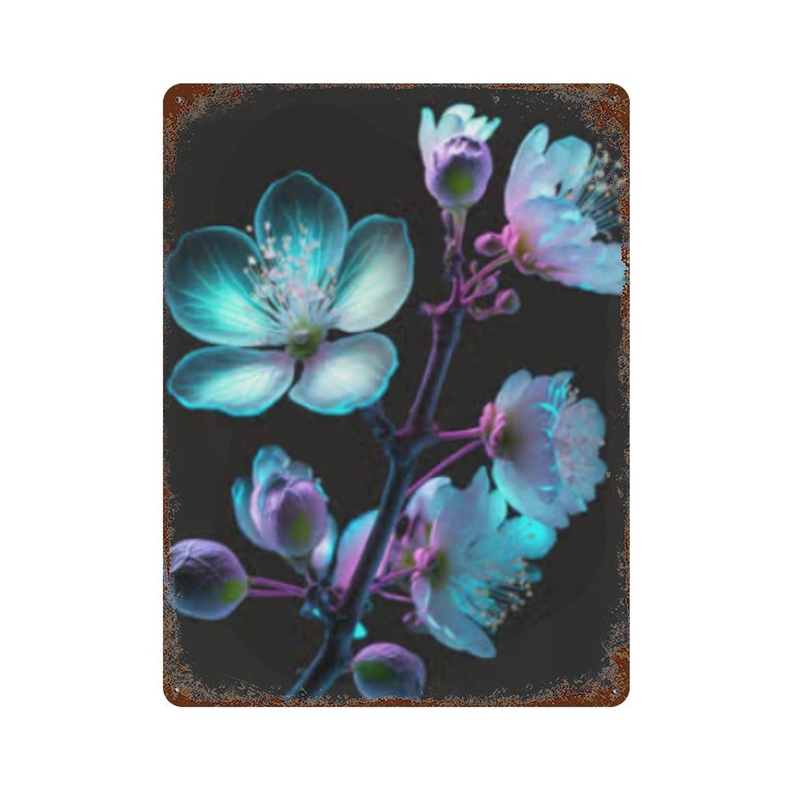 Glowing Neon Flowers 15.7"x11.8" Aged Metal Wall Plaque, Vintage Wall Decor for Bistro, Counter And Cafe Decor