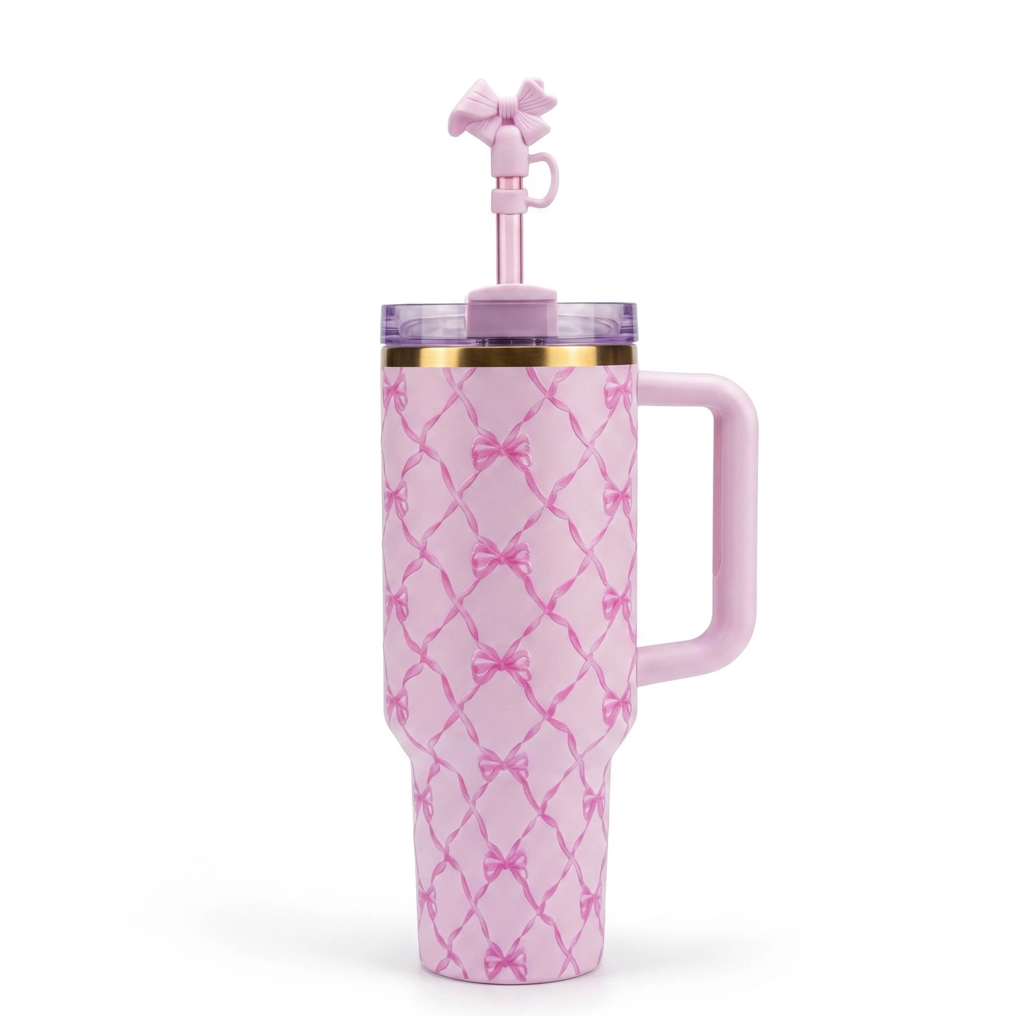 Bestaa 40oz Tumbler with Lid and Straw,40oz Insulated Stainless Steel Tumbler with Handle and Straw, Bow & Floral Pattern Travel Mug for Women Friend Holiday Birthday(Baby Bow Pink Peppermint)