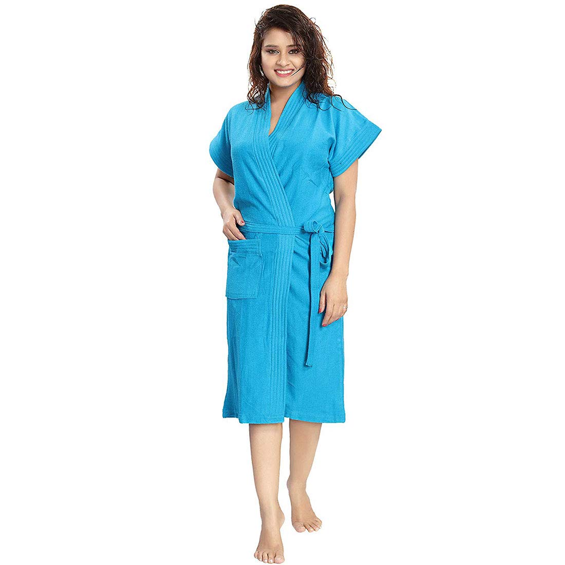 Poorak Cotton Half Sleeves Bathrobe for Women- Solid Pattern - Free Size fit Upto 42 inches-Ferozi Blue