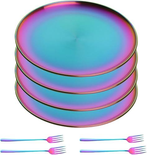 Rainbow - Juego de 8 platos llanos de acero inoxidable con tenedor, coloridos platos de ensalada de postre de metal para cenar, acampar, platos