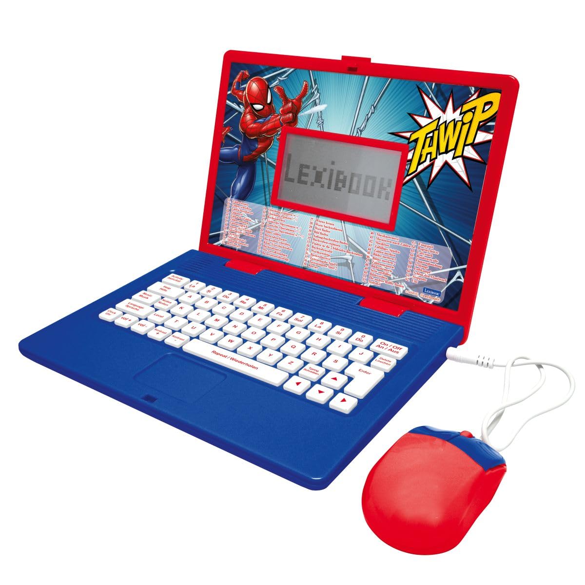 Lexibook JC598SPi3 Spider-Man Dwujęzyczny Laptop do Celów Edukacyjnych Angielski i Niemiecki, 124 Aktywności, Matematyka, Logika, Muzyka, Zegar, Gry, Zabawka dla Dzieci (Dziewczynki i Chłopcy),