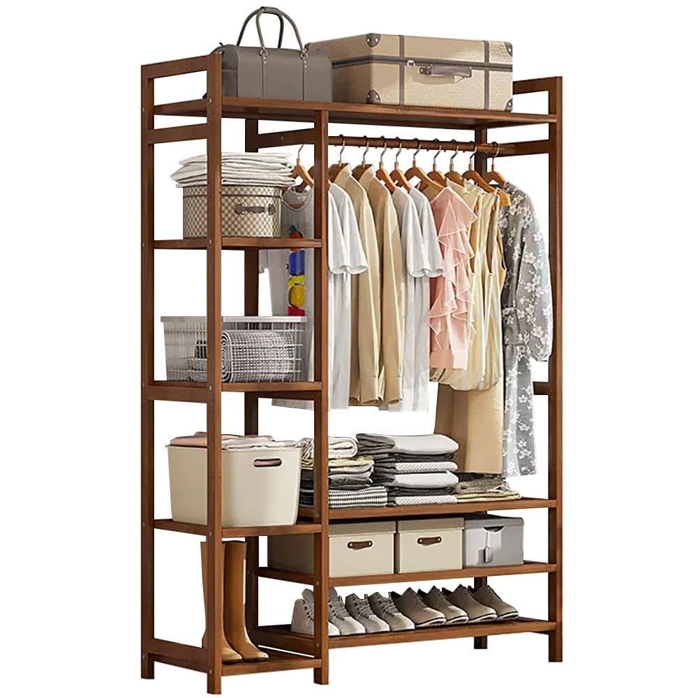 FGXHHS Freestanding Bamboo Clothes Rack with Hanging Rod & Hooks - Stylish Open Wardrobe 2 Shelves for Bedroom, Hallway Entryway Natural Wood Coat Accessory Storage Solution