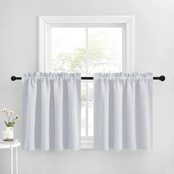 NICETOWN Adjustable Length Small Window Curtains for Living Room, Energy Saving Window Tiers Double Rod Pocket Short Curtains for Kitchen, 42" W x 30" L + 1.6" Header, Greyish White, 2 Panels