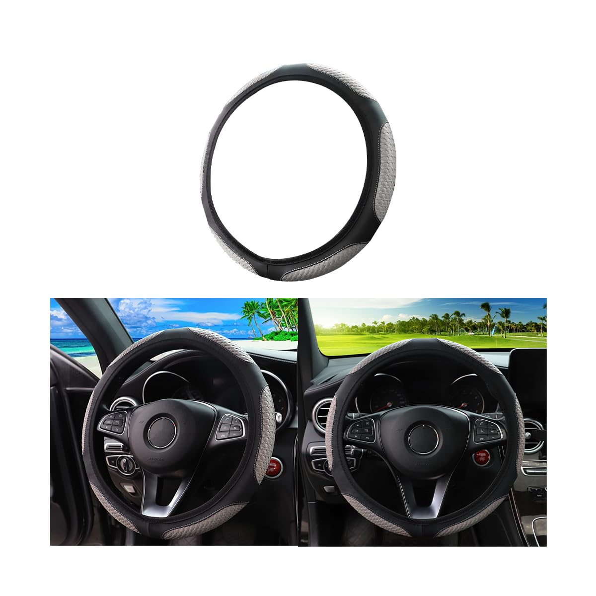 Leather Car Steering Wheel Cover, Elastic Stretch Vehicle Steer Wheel Protector Without Inner Ring, Anti-Slip Woven Automotive Accessories, Universal 14.5-15 Inch for SUV, Truck, RV（Gray）