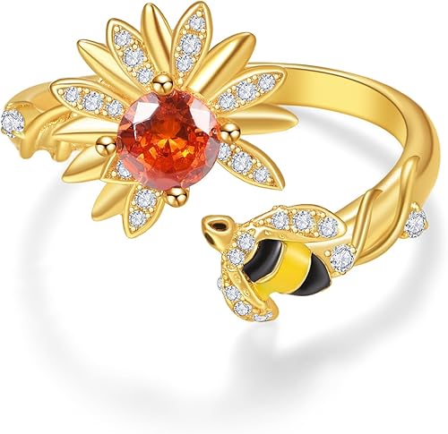 Dreamboat Sterling Silver Sunflower Rings for Women Gold Ring Adjustable Spinner Ladybug Bee Flower Rings Flower Rings Cute Jewelry Gifts