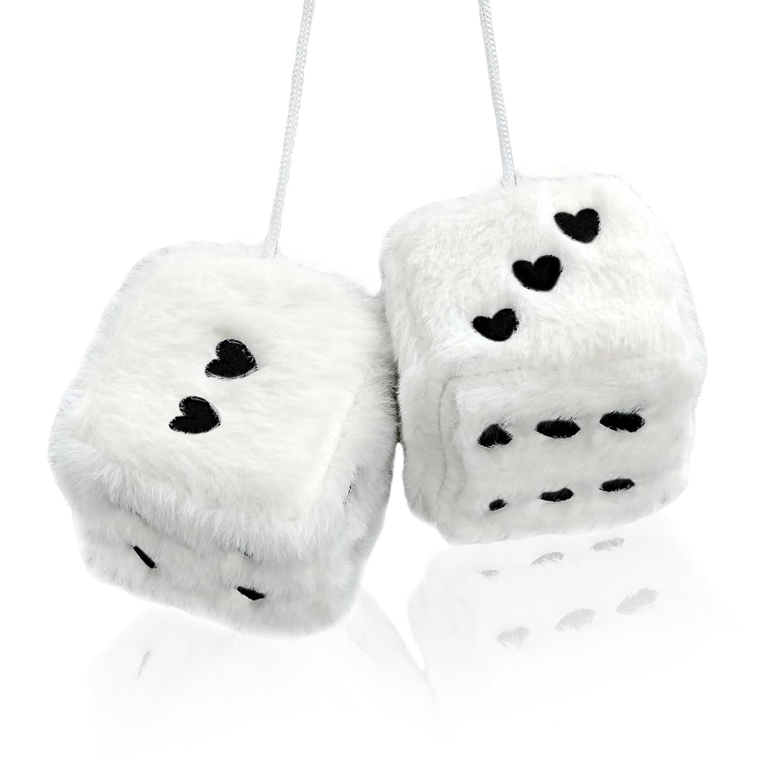 Pair 3” Colorful Heart Embroidered Fuzzy Plush Dice, Soft Plush Car Decoration Hanging Ornaments, Couple Car Decorative Vintage Accessories for Rearview Mirror Decorations(White)