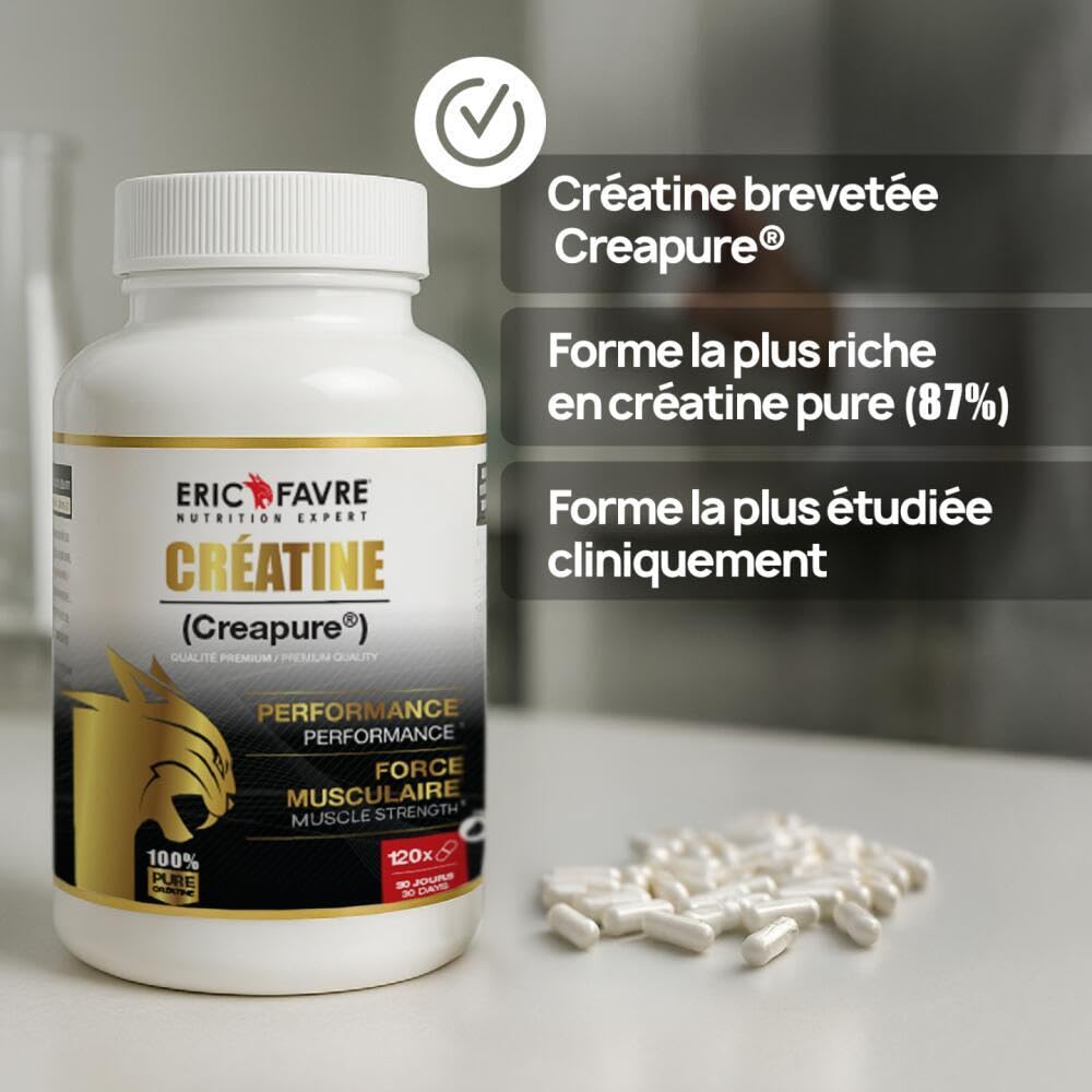 CRÉATINE MONOHYDRATE CREAPURE® - 120 Gélules Végétales - 100% Pure & Hautement Assimilable - Puissance, Explosivité & Performances Sportives - Créatine Brevetée Premium - Cure 30 Jours - Eric Favre