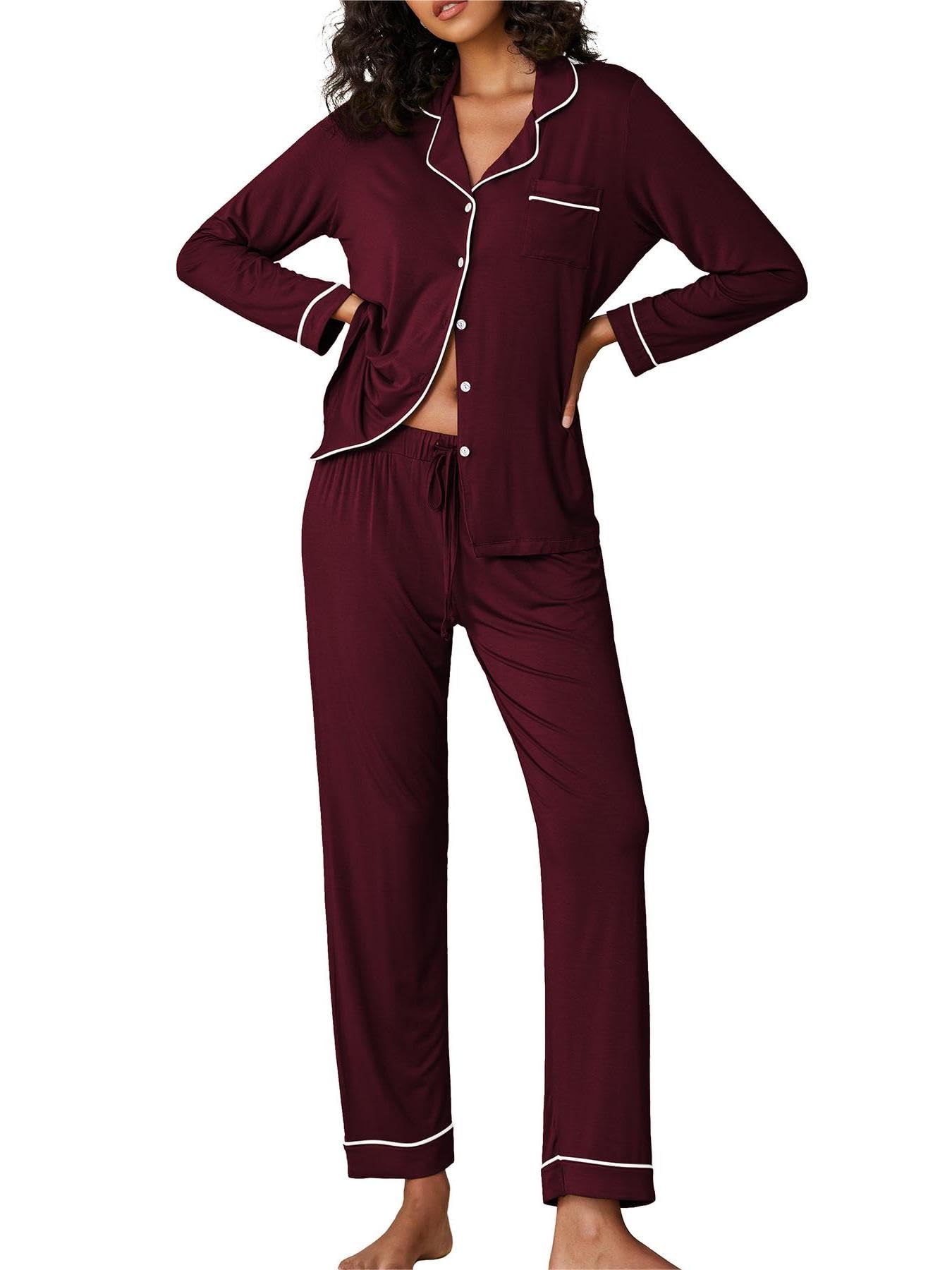 Ekouaer Pigiama Donna Maniche Lunghe Set Pigiama a Due Pezzi con Bottoni Abbigliamento da Notte Morbido Sleepwear Top e Pantaloni Pigiama XS-XXL