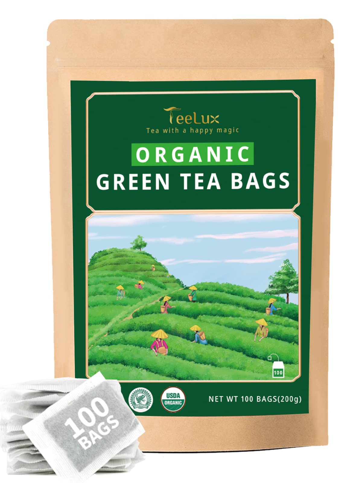 TeeLux Organic Green Tea Bags 100 Count Super Antioxidant Green Tea