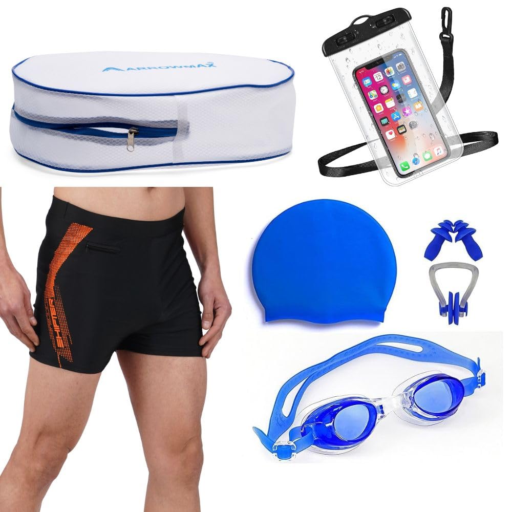 Shifter Adult Swimming Combo Kit — Swim Shorts, Anti-Fog Goggles, Silicone Swim Cap, Earplugs, Nose Plug, Waterproof Mobile Pouch (36-38 (5XL))-image-4
