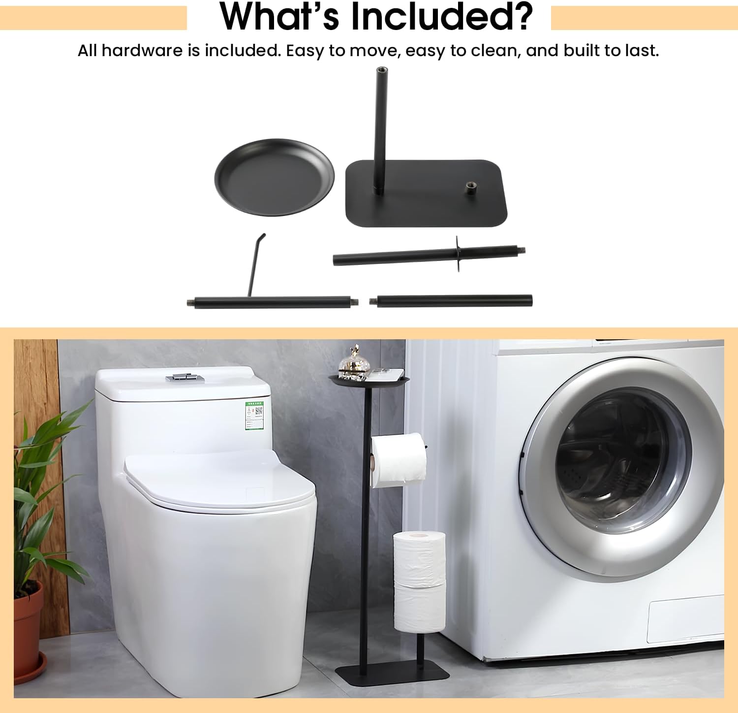 Toilet Paper Holder Stand – 2.4 Lbs Metal Build, 25"x15"x67" Free Standing Toilet Paper Holder & Storage Organizer with Accessories Shelf – Black Toilet Roll Holder Stand for Modern Bathrooms