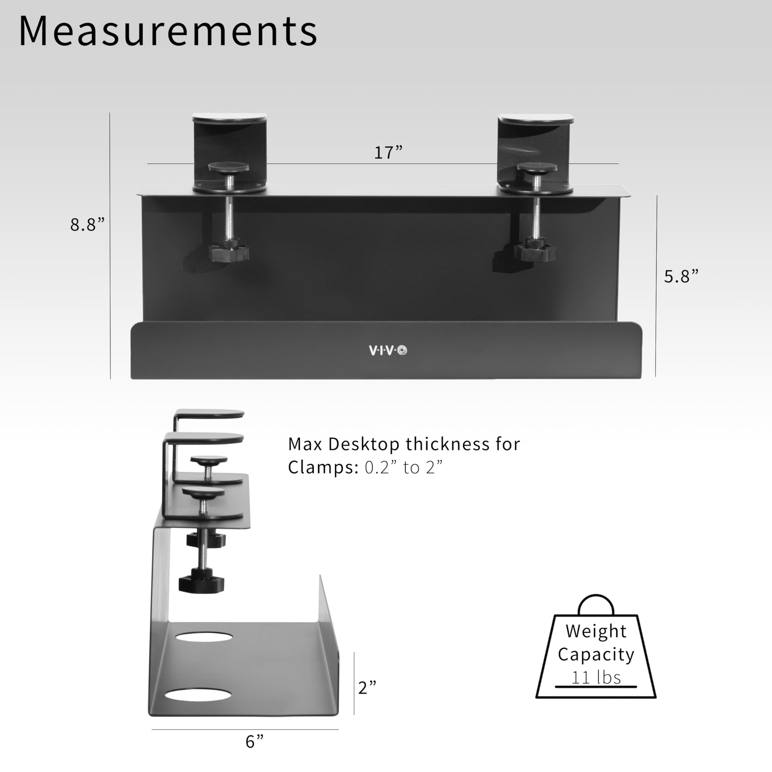 VIVO DESK-CM6L-B Kabelmanagement-Tablett ohne Bohren, Klemmleiste, 43,2 cm, unter dem Schreibtisch, Stahlschnur-Organizer, schwarz, 43,2 cm