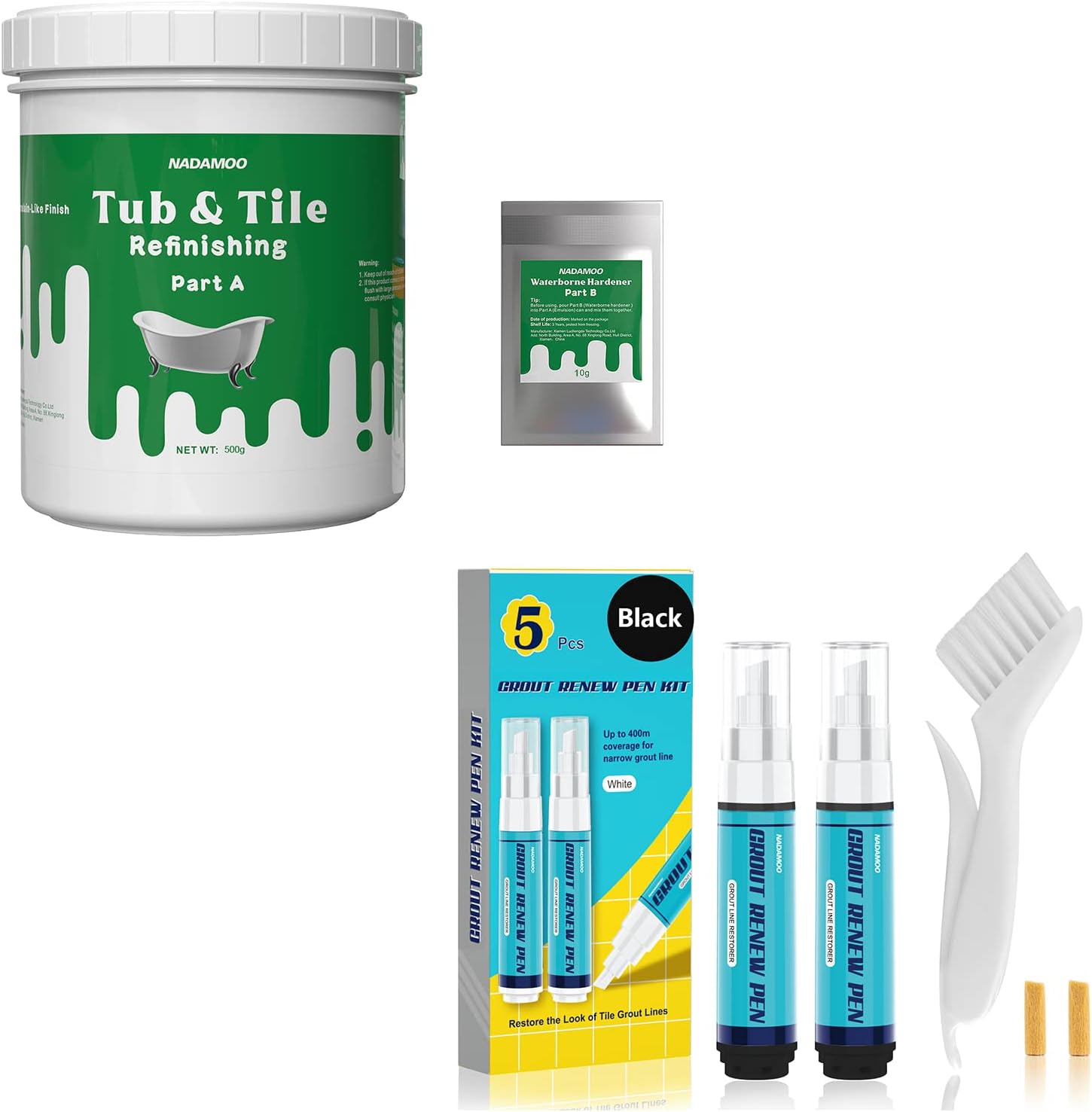 NADAMOO Black Grout Renew Pen + Tub and Tile Refinishing Kit White