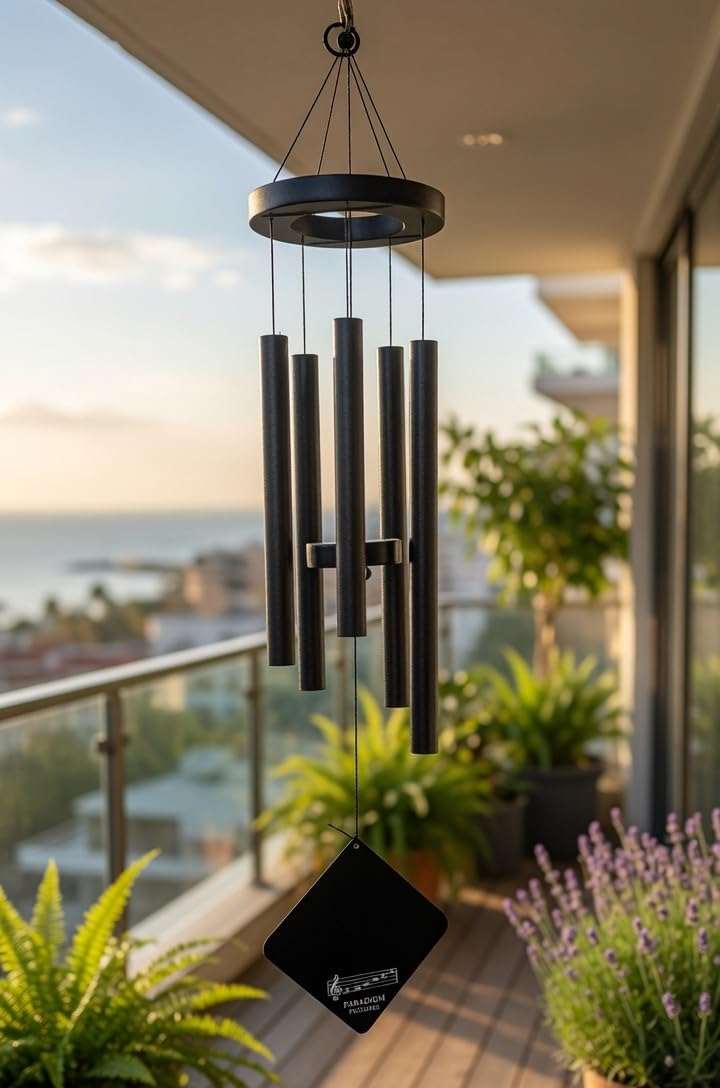Paradigm Pictures Melody Sound Wind Chime for Balcony with 5 Pipe Rods | Big Size, Soothing Tones, Outdoor Hanging, Decorative Sail, Black Finish-picture-11