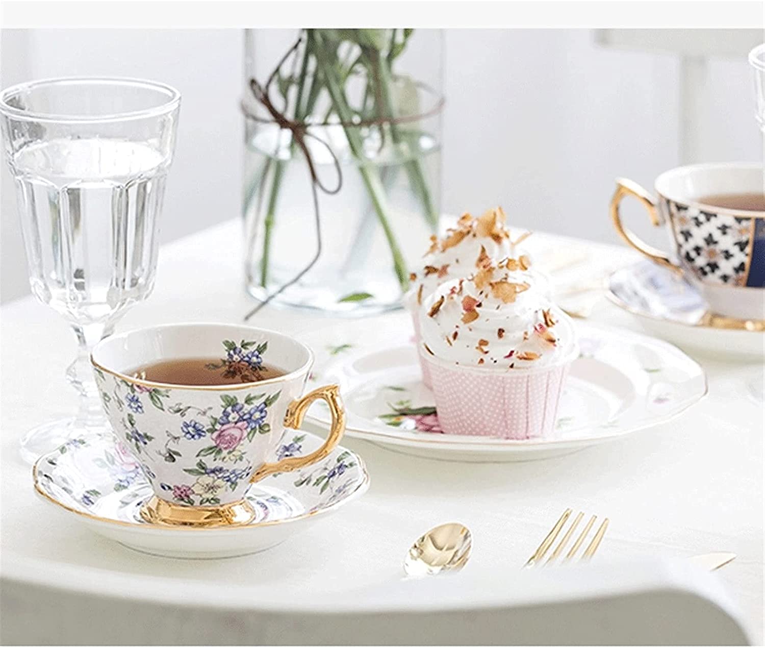 Kaffeetassen aus Glas mit Blumenmotiv, Emaille-Glasbecher, Emaille-Teeglas mit Blumenmotiv, Kaffeetasse, Glasbecher, Serie „Afternoon Garden“, Teetasse aus Bone China mit Blumenmotiv, Kaffeetasse, eur