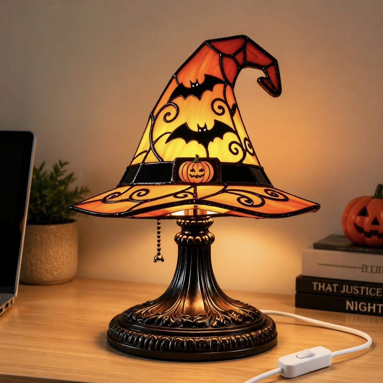Stained Glass Witch Hat Table Lamp Gothic Halloween Retro Night Light，Yellow