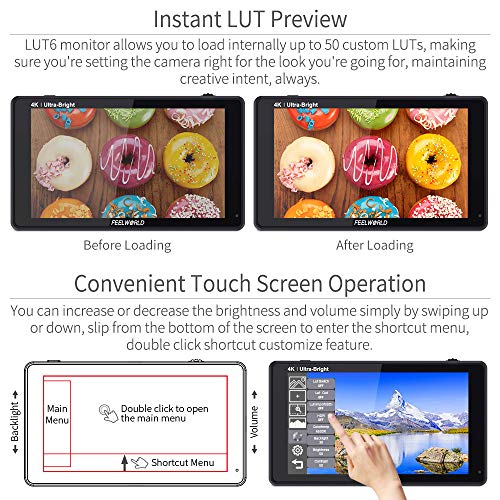 Feelworld Lut6 6 Inch 2600Nits Hdr 3D Lut Touch Screen Dslr Camera Field Monitor With Waveform Vectorscope Histogram 4K Hdmi Input Output 1920X1080 Ips Panel #TOP2