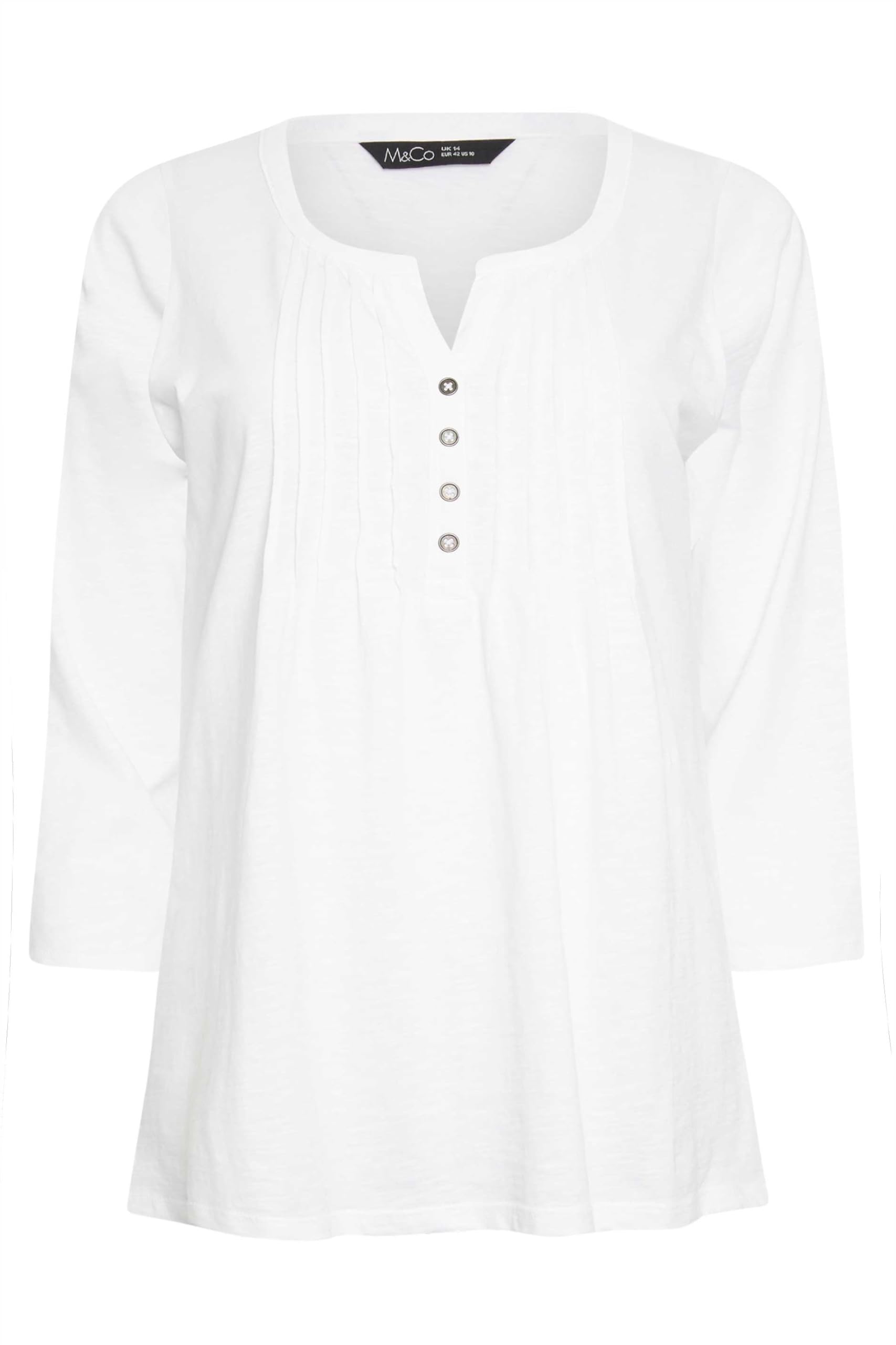 M&Co Women's Cotton Henley Top in White | Size: 10