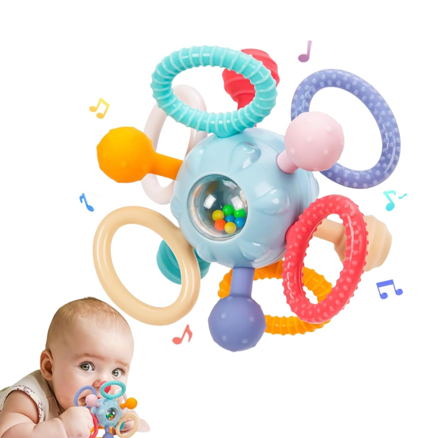 VORENUS Teether Toy Ball Baby 0-3 Months, Montessori Teething Toy Rattle for Baby 6-12 Months, Educational Sensory Silicone Gift for Boys and Girls 0 3 6 9 12 Months