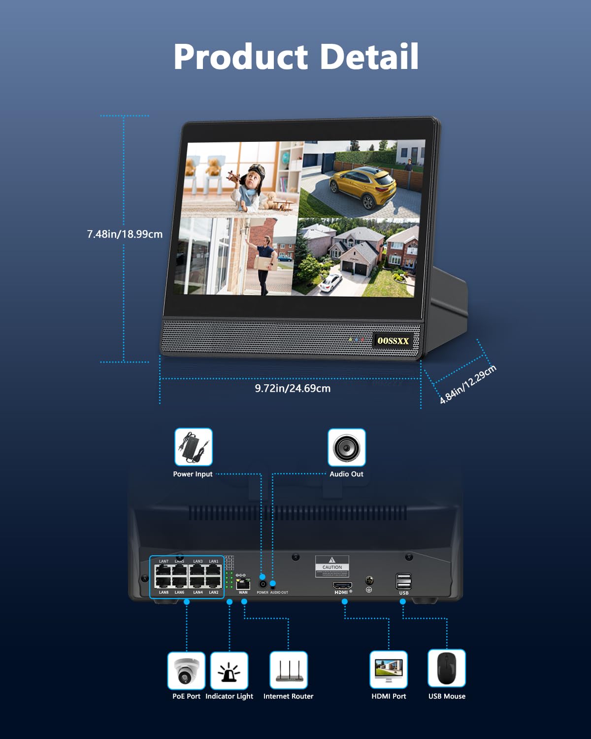 OOSSXX Videoregistratore di rete NVR POE NVR a 8 canali 8.0/4K Megapixel, supporta fino a 8 telecamere IP da 8 MP/4K, disco rigido da massimo 6 TB (HDD non incluso)