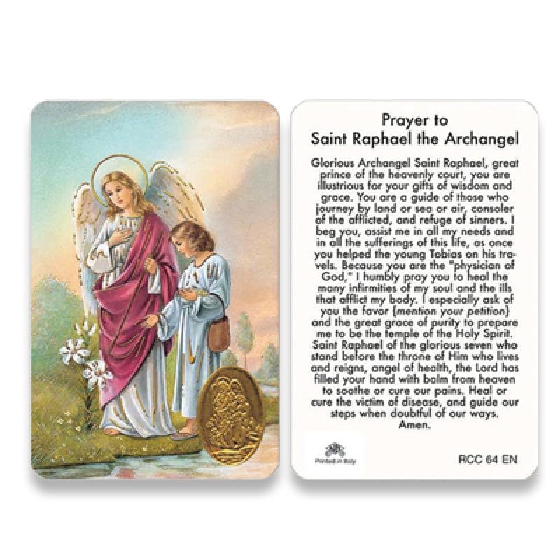 Saint Francis Cromo St. Raphael the Archangel Prayer Card, Wallet Size, Religious Theme, Gold Embossed, Made in Italy