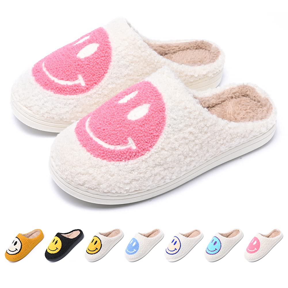 AIMINUO Women's Men's Retro Preppy Happy Face Slippers Comfy Warm Plush Slip-On House Slipper for Winter Indoor Soft Cushion Non-slip Fluffy Slides Slippers