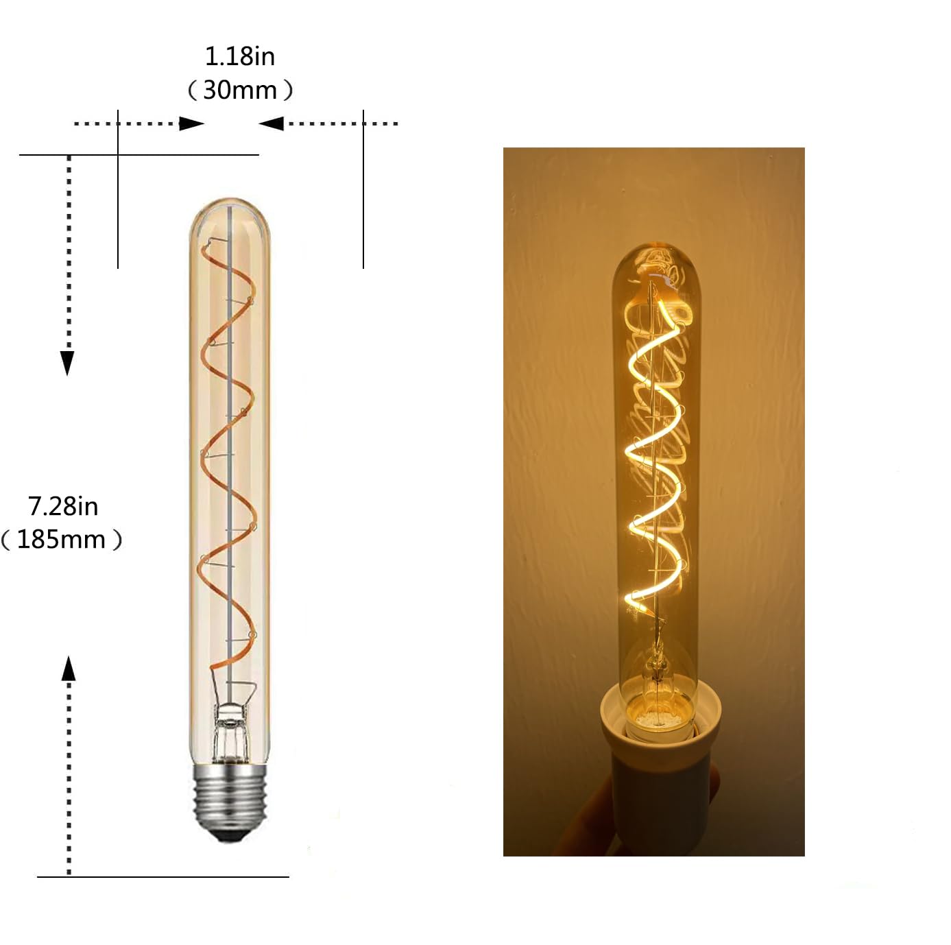 WANGPEI E27 T30-185mm LED Edison Vintage Bernstein Glas Tuber Wicklung Glühbirne 7W(60W Halogen Glühbirne äquivalent) 600LM Warmweiß 2700K Nicht Dimmbare E27 Retro Glühbirnen,10Stück