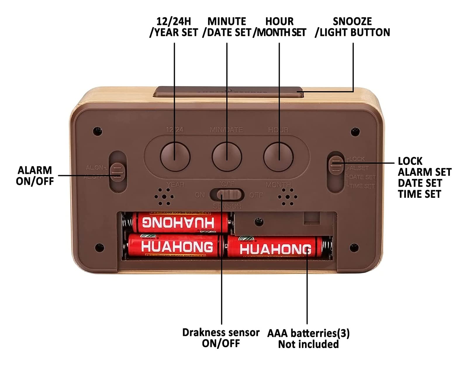 WTL Despertador Reloj de alarma digital de madera, grande DIRIGIÓ Mostrar reloj de alarma de grano de madera, sensor inteligente Luz de noche, snooze y temperatura, Operado por batería, Reloj desperta