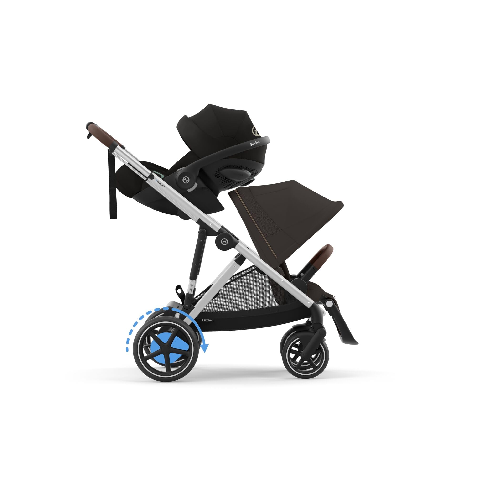CYBEX Poussette Gold e-GAZELLE S, de la naissance à environ 4 ans, max. 22 kg (mode simple) / 2x 22 kg (mode duo), système tout-en-1 avec propulsion électrique et 20+ configurations, brun chocolat