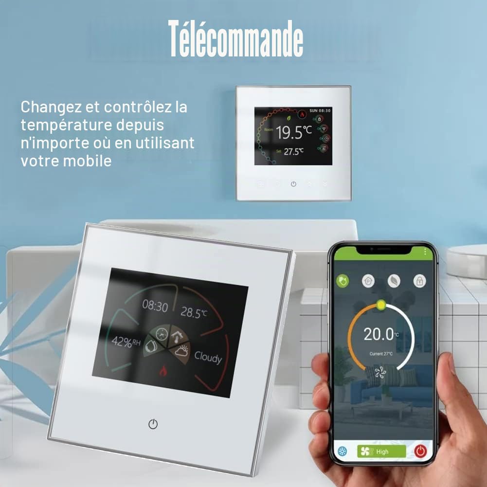 Thermostat Connecté Programmable WiFi Filaire pour Chaudière Gaz/Eau - Compatible Alexa et Google Home, Intelligent d'Ambiance Intérieur avec Écran LCD et Bouton Tactile