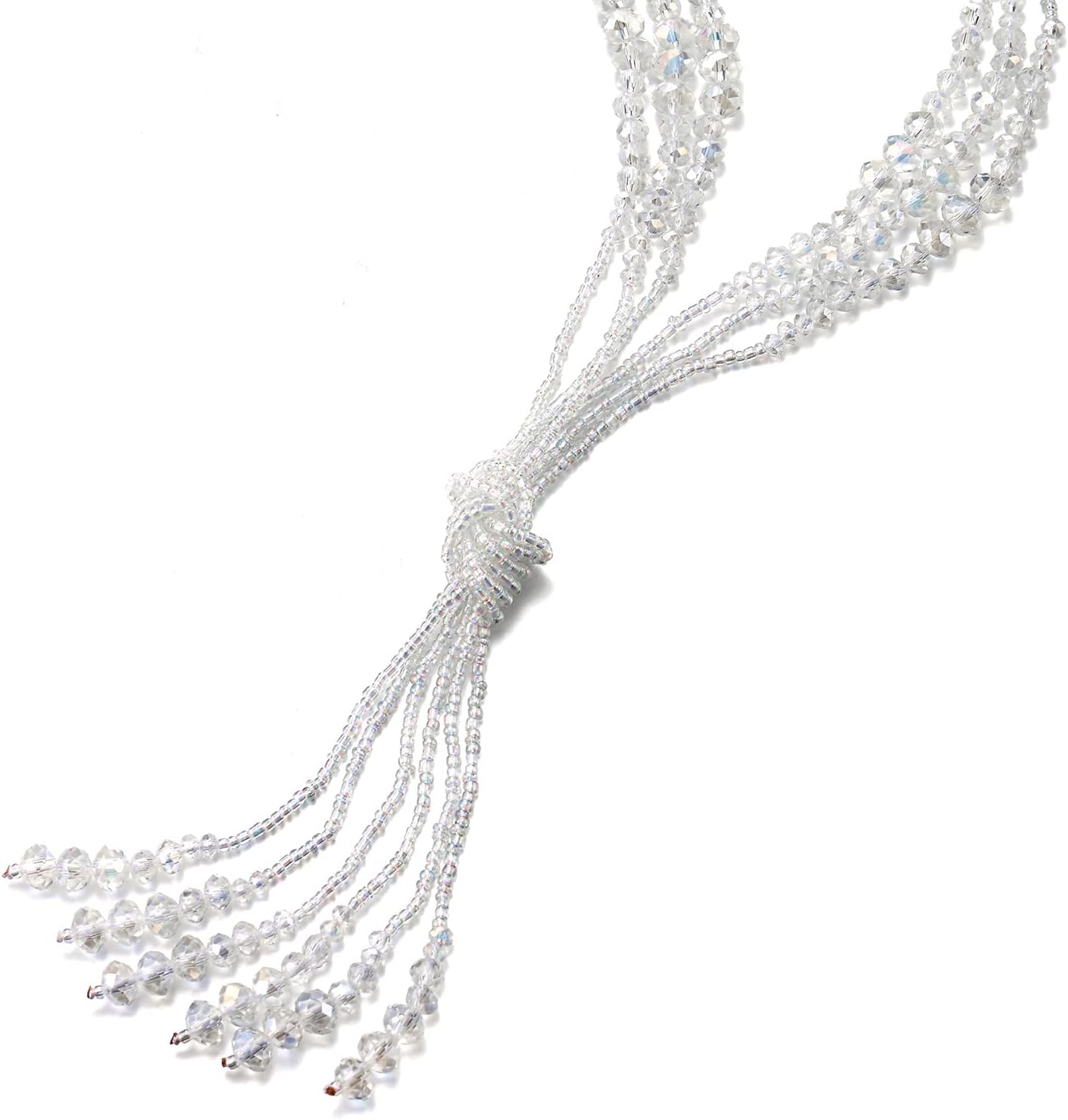 COOLSTEELANDBEYOND Boho Chic Lariat Necklace Tassel Pendant White Crystal Bead Three-Strand Long Chain Y-Shape - Image 2