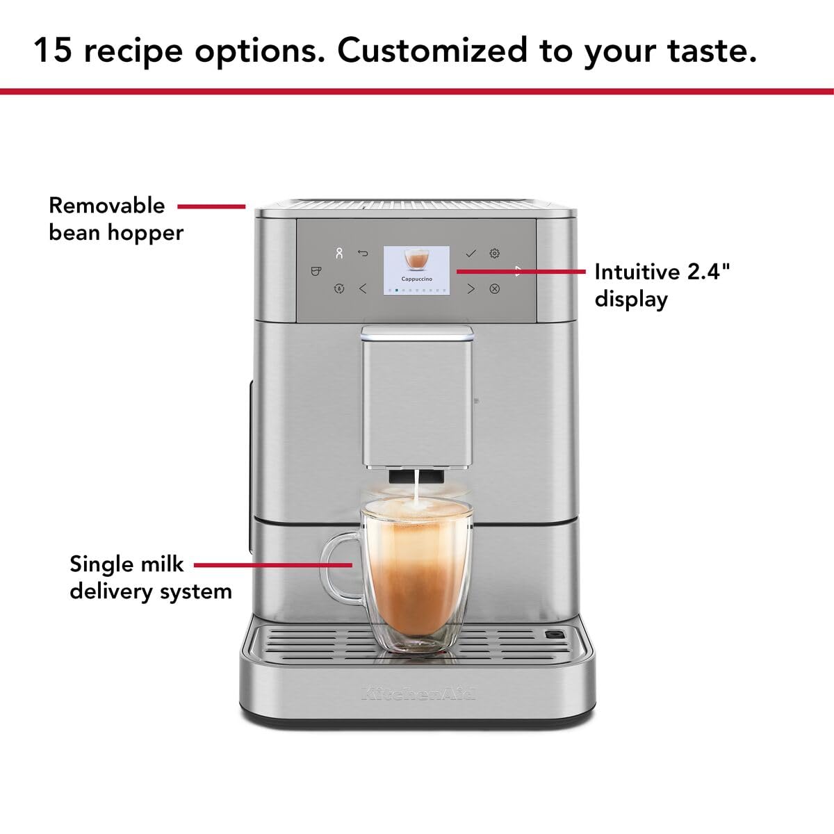 KitchenAid W pełni automatyczny ekspres do kawy I KF6 I gorące napoje od espresso do cappuccino I z 15 wstępnie ustawionymi napojami, automatycznym spienianiem i podgrzewaniem mleka (stal nierdzewna)