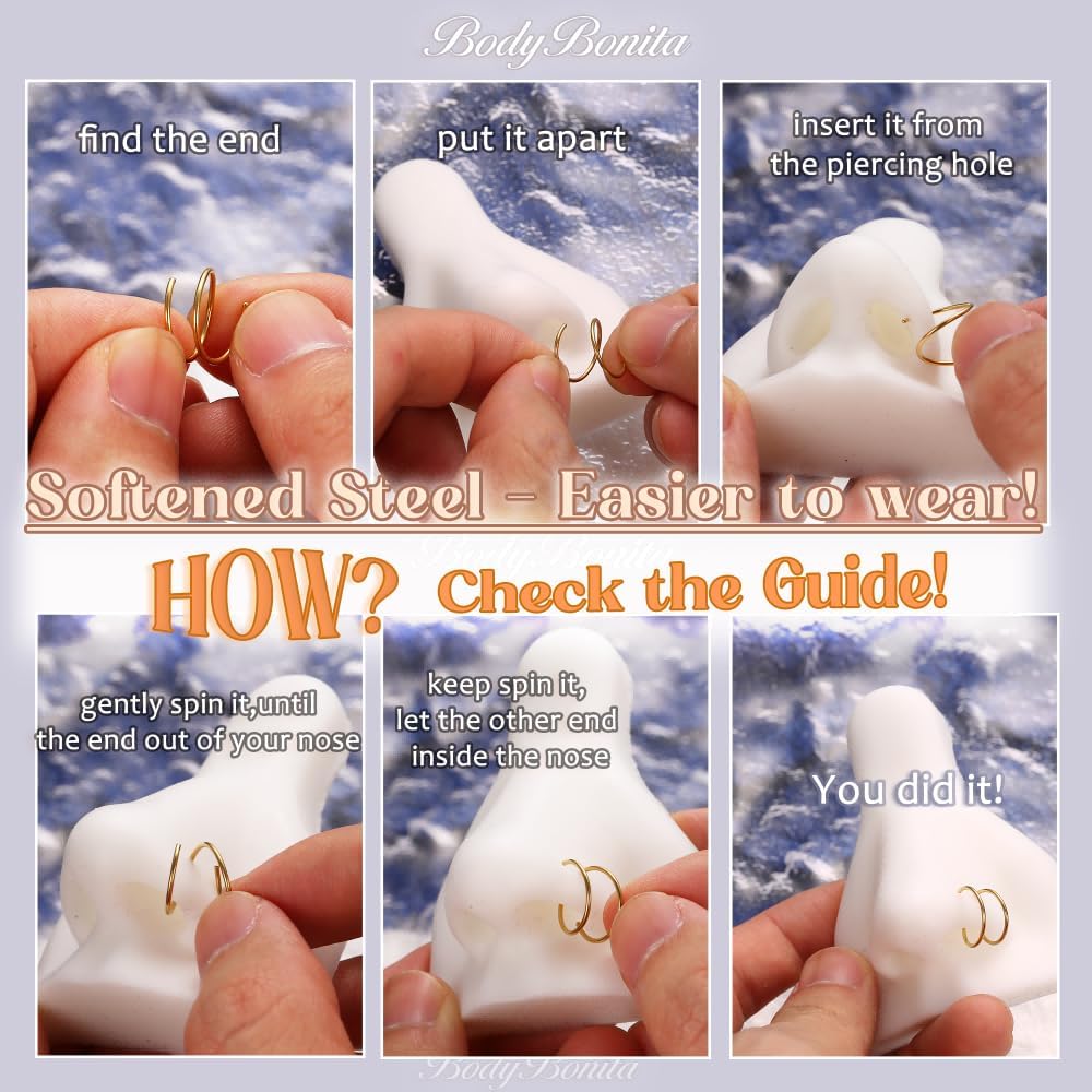 BodyBonita 2-8Pcs Softened 316L Stainless Steel Double Hoop Nose Ring for Single Piercing 22G 20G 18G Bendable Twist Spiral Nose Rings Hoops for Women 8mm 10 mm - Image 2