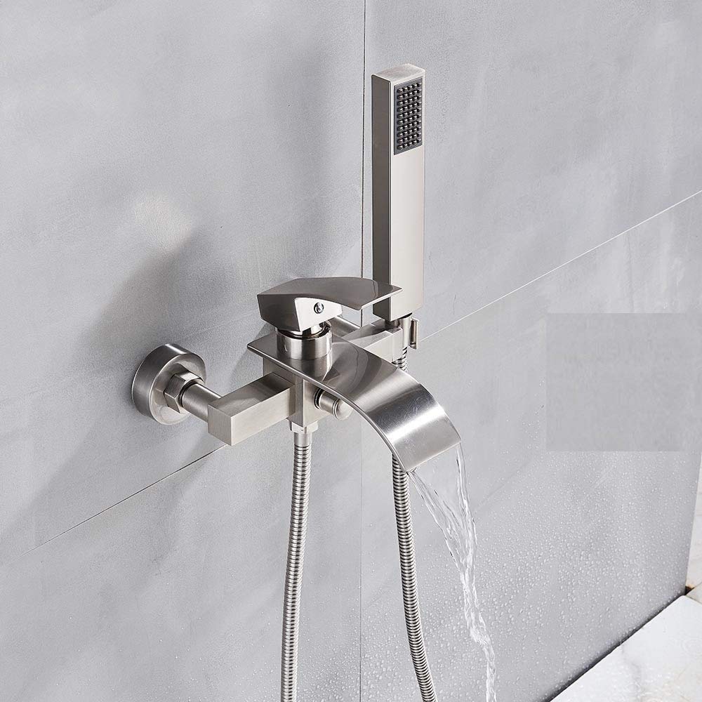Unlou Brushed Nickel C Chrome Bathtub Faucet Brass Wall Mounted Waterfall Tub Spout Bathroom Shower Faucets Crane With Handshower Cold Hot Mixer Taps,