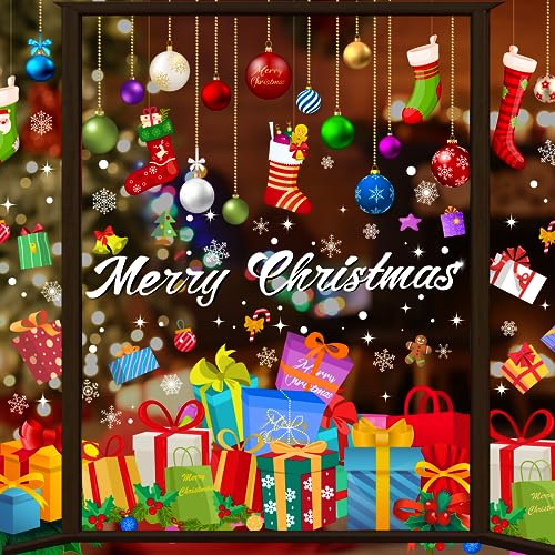 Quera Christmas Window Clings Christmas Ball Snowflake Gift Box Dot Static Window Stickers for Xmas Holiday Window Decorations Decal Home Party Ornaments, 11.8 