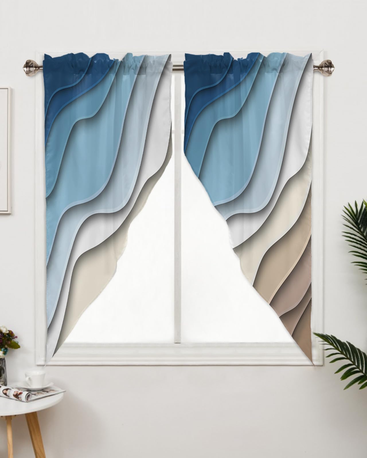 Litter Star Ombre Stripes Swag Valances for Windows,Modern Geometric Kitchen Window Curtains,Abstract Striped Window Curtain Panel Blue Brown Gradient Swag Curtains Valences,28x36in