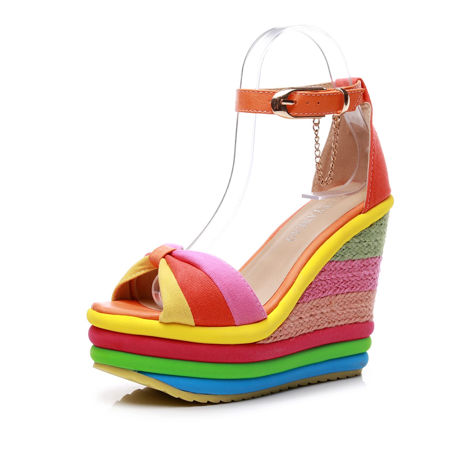 Women Straw Super High Heel Rainbow Sandals,Fish Mouth Wedge Roman Y2K Gladiator Sandal,Adjustable Ankle Strap Stitching Espadrilles Non-Slip Platform