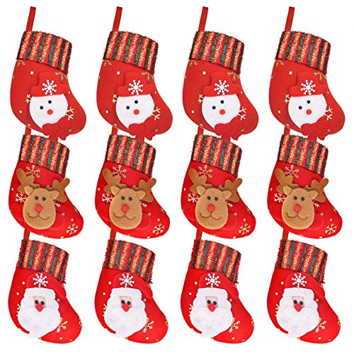 Ivenf Christmas Mini Stockings, 12 Pcs 6 inches Felt with 3D Santa Snowman, Gift Card Cutlery Bags Silverware Holders, Bulk Treats for Neighbors Coworkers Kids Cats Dogs, Small Red Xmas Tree Decor Set