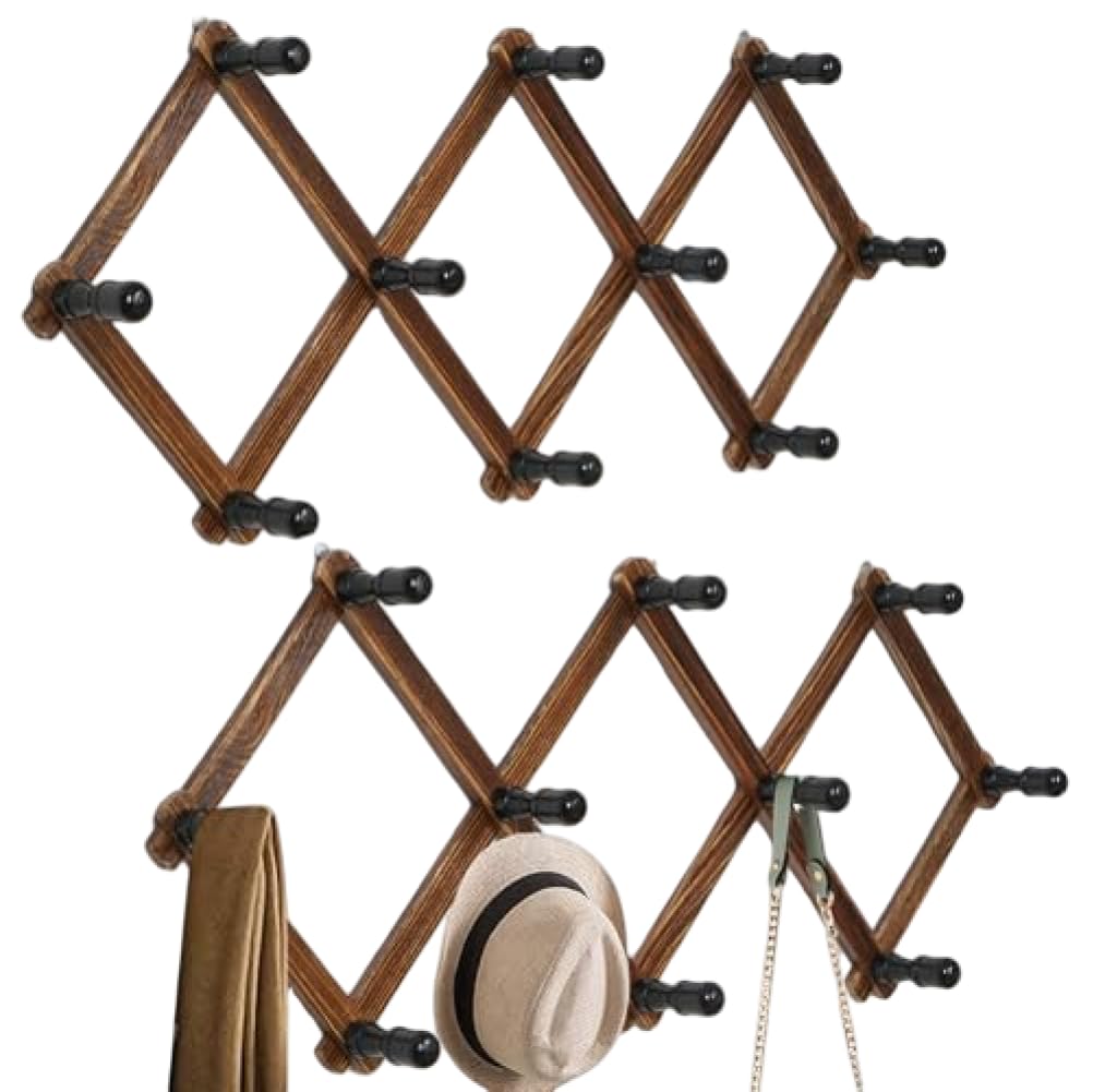 Xdyyjrasa Expandable Coat Rack - 2-Pack Space Saving Foldable Wooden Hanger, Wall Mounted Hat Rack with 10 Pegs for Hats Jackets Keys Towels