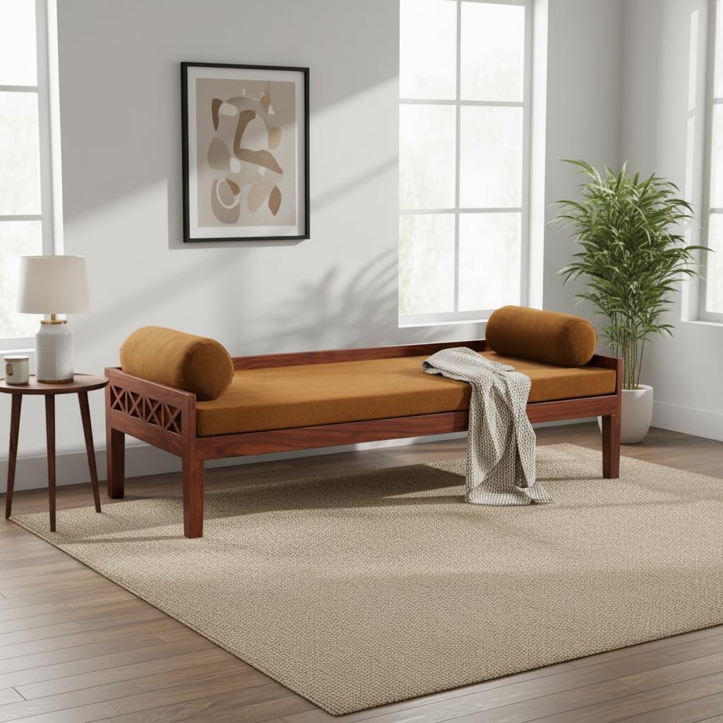 APRODZ Solid Mango Wood Dewan Sofa Bed with Cushion for Living Room Hall (Solid Wood - Ochre Yellow Fabric + Teak)-image-46