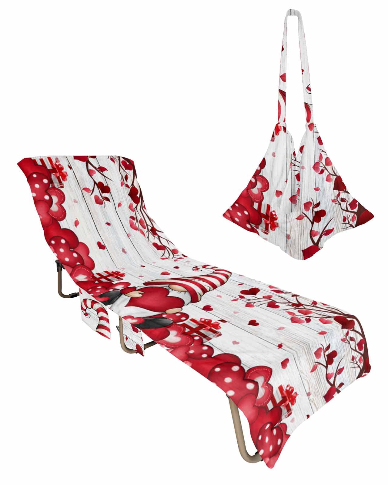 Red Love Heart Valentines Beach Lounge Chair Towel Cover, Soft Chaise Lounge Towel with Side Pockets Patio Pool Chairs Cover for Beach/Pool Sunbathing 29x85 Vintage Wooden Love Heart