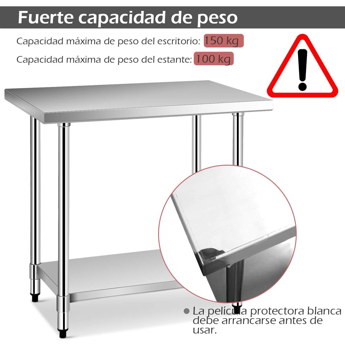 COSTWAY Mesa de Trabajo Acero Inoxidable, 122 x 61 x 90 cm, Mesa de Preparación de Comida de 2 Niveles, Estante Inferior Ajustable, Capacidad de Carga 250 kg, Estante Mesa Acero para Bar, Restaurante