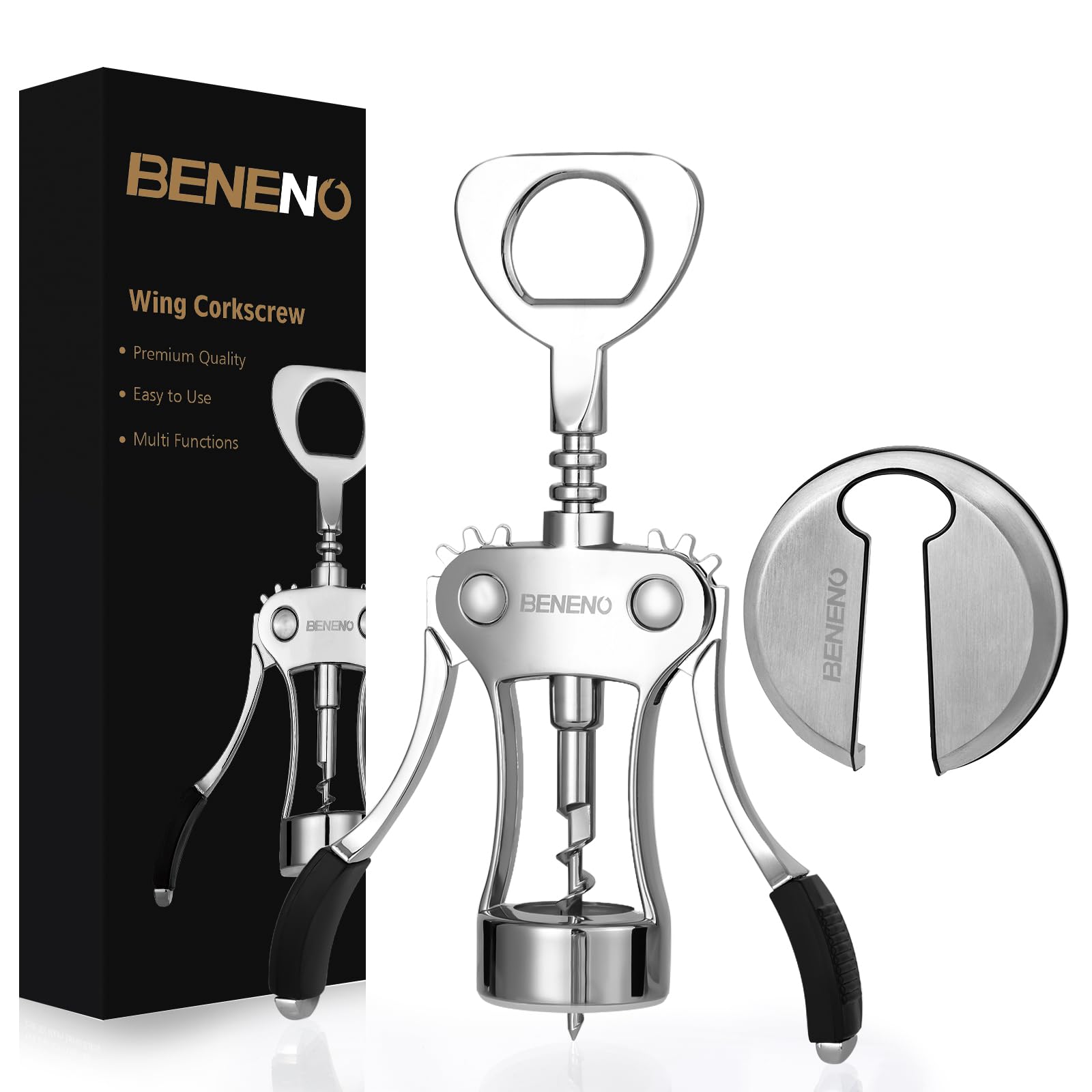 Beneno Wine Opener with Stainless Steel Wine Foil Cutter, Ash silver | Durable Solid Zinc Alloy Body, Upgraded Precise Sharp-Edged Screw, Ergonomic Wing Handle with Non-Slip Grip, Multifunctional