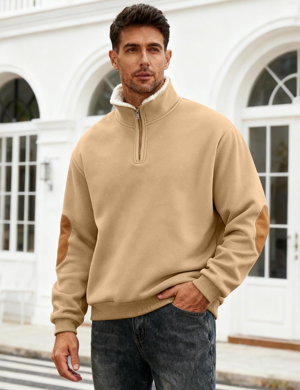 Men's Fleece Sweatshirts Vintage Quarter Zip Pullover shirt Casual Long Sleeve Sweatshirt warm tops - Image 2