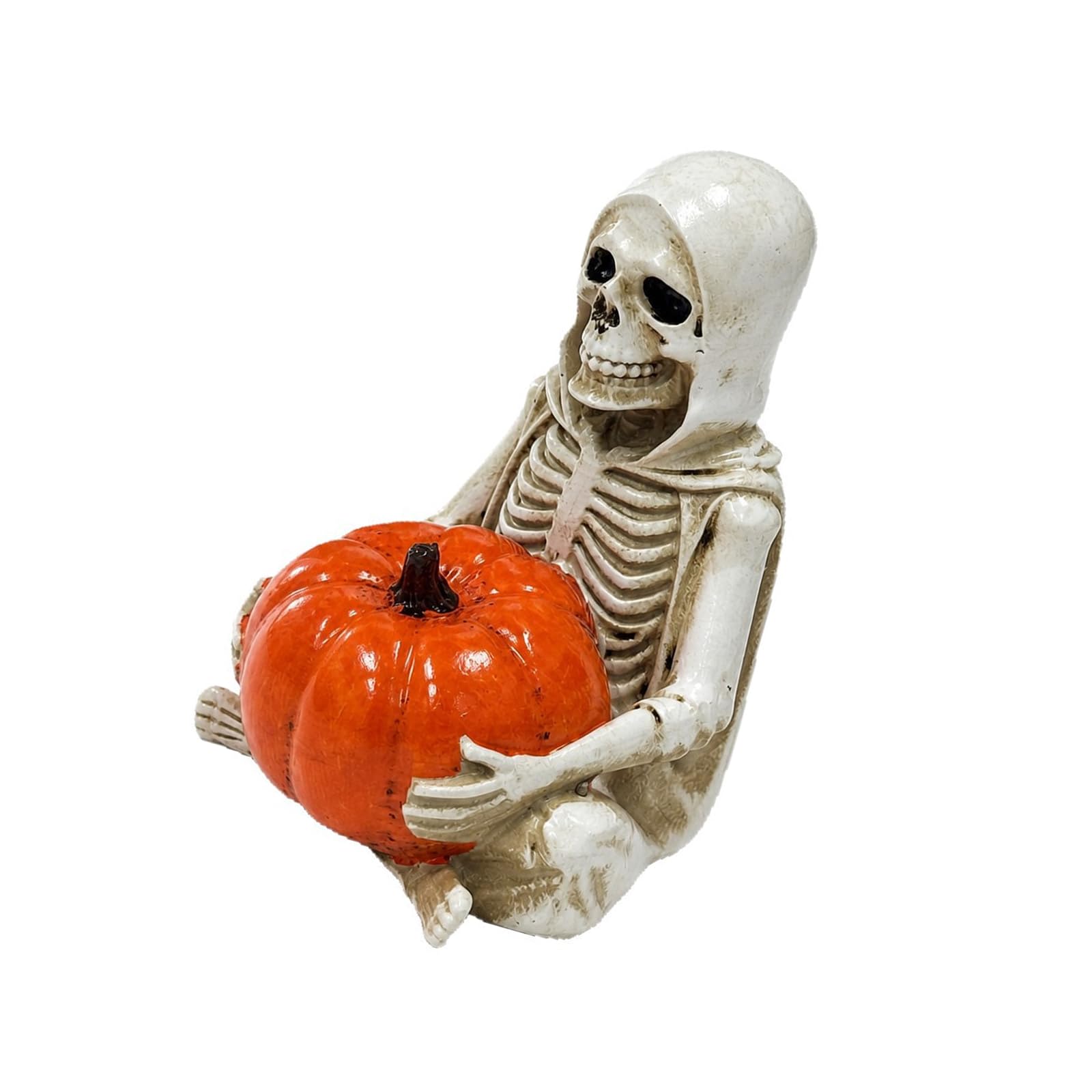Halloween Tabletop Figurine, Skeleton Holding Pumpkin Resin Accent for Desk Shelf Mantel Styling, Indoor Seasonal Party Decor Display Halloween Skeleton Statues Skull Figurine with Pumpkin Resin Decor