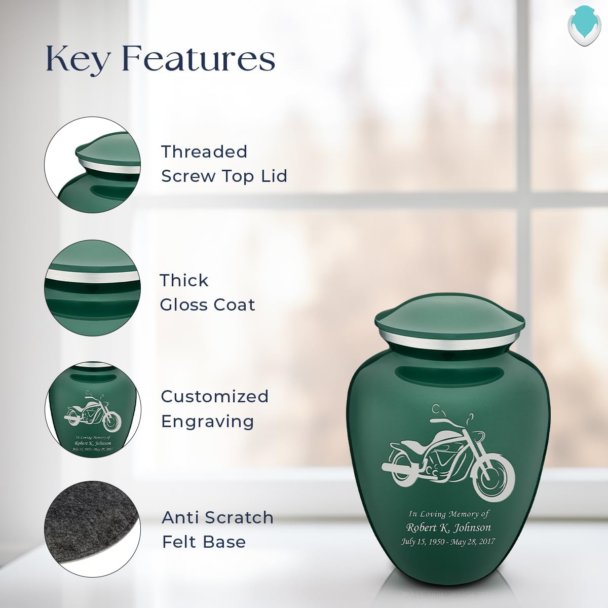 Geturns - Small Personalized Motorbike Cremation Urns for Human Ashes I Green Funeral Urn for Men and Women I Holds up to 44 Cubic Inches