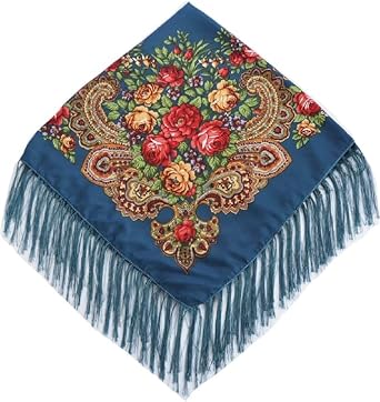 Women Russian Style Peony Floral Printed Long Tassel Large Square Scarf Warm Cotton Wrap Ethnic Mexican Shawl
