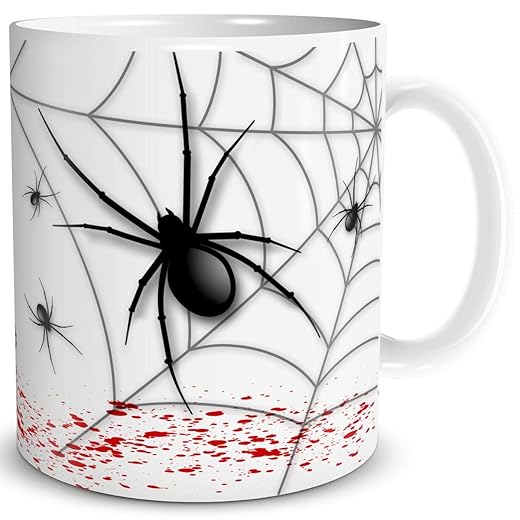TRIOSK Tasse Spinne gruselig lustig Schwarze Spinnen Horror Geschenk Gruseltasse Spinnennetz Blut Spaßtasse für Männer Jungs Spinnenliebhaber, Keramik 300ml